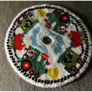 Vintage 1980's Handmade Hooked Christmas Tree Rug In A Choo Choo Train Pattern